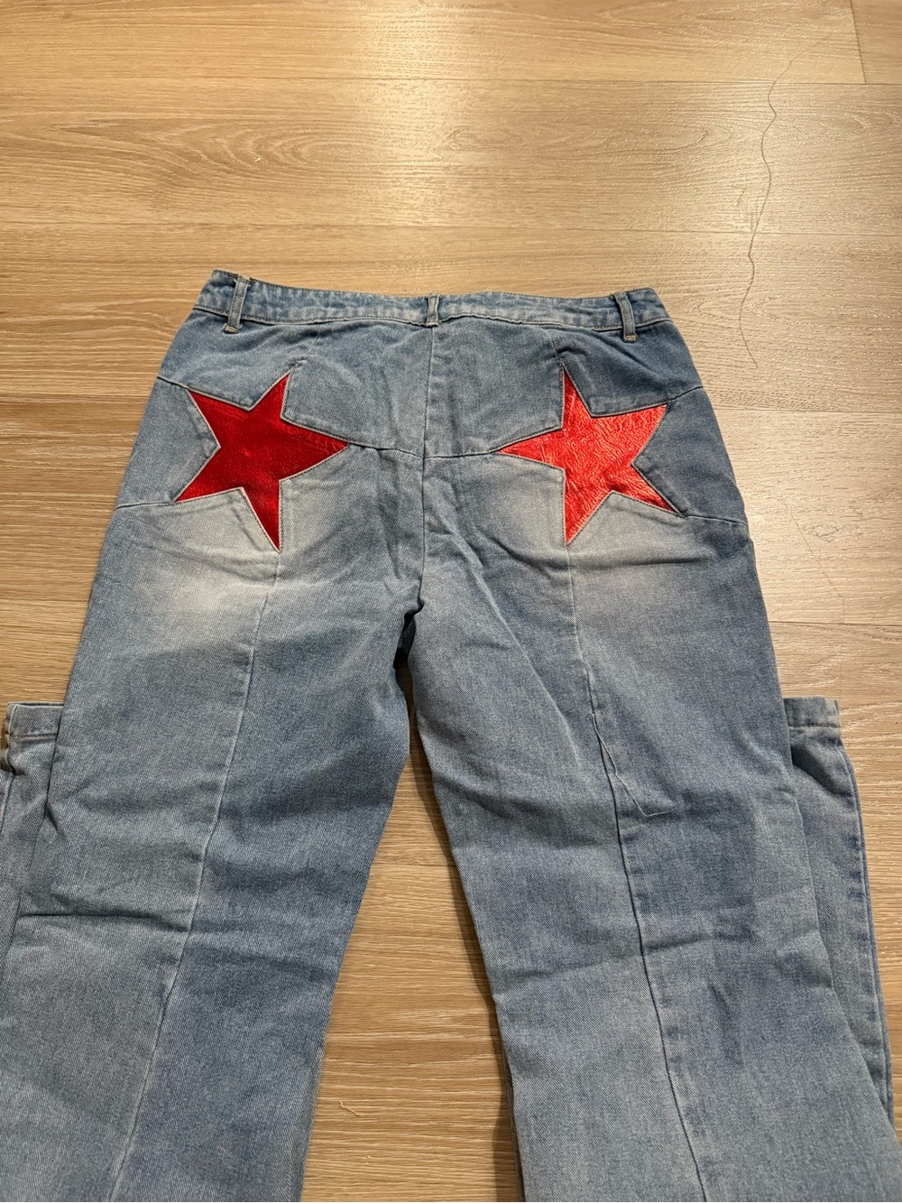 Nasty Gal Light Blue Bootcut Jeans with Red Star Back Patches